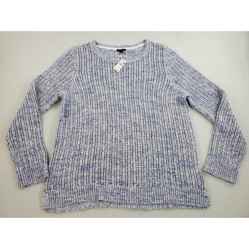 Talbots Women Cotton Knit Sweater White Blue Space Dye Pullover XL 328432